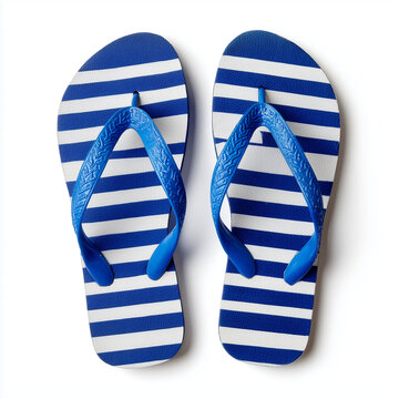 Pair of blue striped summer flip flops isolated on white background