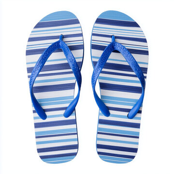 Blue and white striped flip flops isolated on white background