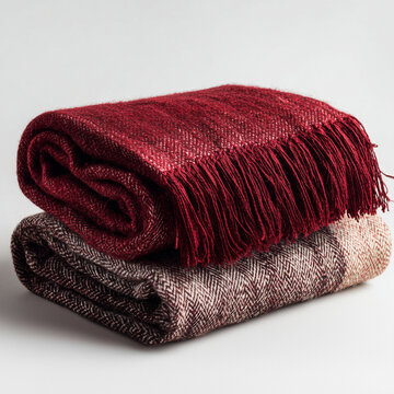 Folded red wool plaid blanket isolated on white background