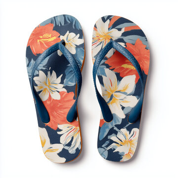 Pair of floral print summer flip flops isolated on white background