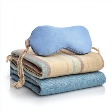 Cozy folded blanket with sleep mask isolated on white background