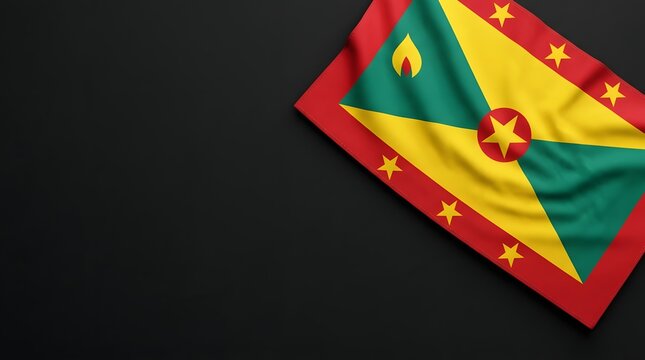Grenada national flag waving in vibrant colors with nutmeg emblem and diagonal design on dark background