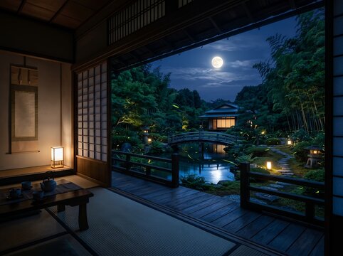 満月と蛍が舞う美しい日本庭園を和室から望む夜景