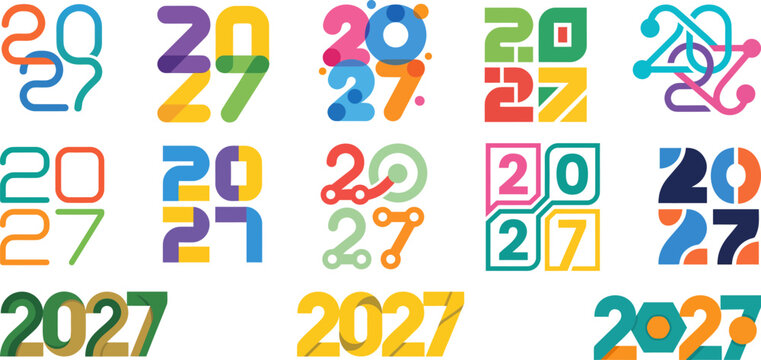 Modern 2027 logo collection, 13 colorful New Year typography icons. Creative 2027 number designs for branding and calendar events.