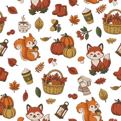 Fototapeta premium Cute autumn woodland animals seamless pattern on a black background. Adorable fox, squirrel, pumpkins, mushrooms, leaves, and cozy fall drinks repeating pattern for Thanksgiving wrapping paper