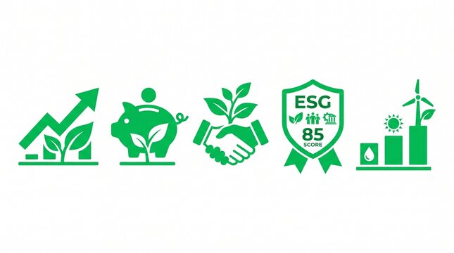 Green business icons set for ESG score, investment, and sustainability.