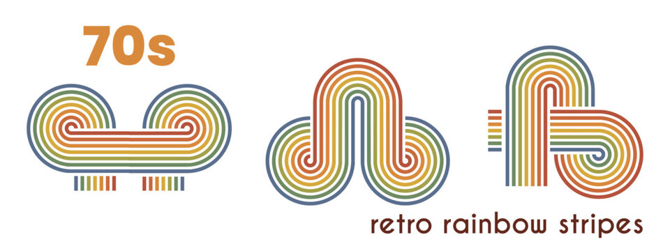 Retro 70s stripe element set. Double-loop, triple arch, spiral multiline shapes. Earth-tone rainbow colors. For poster, logo, print, pattern, background. Vector geometric decorative elements.