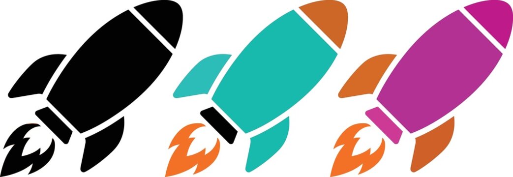 Set of three colorful rocket ship icons flying with fire