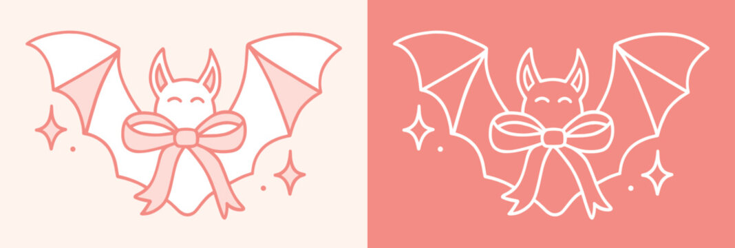 Bat with bow pink halloween outline drawing girly gothic preppy coquette fall season aesthetic white doodle. Spooky cute soft goth pastel ribbon vampire theme party decor illustration sticker print.
