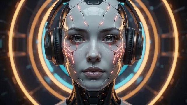Futuristic female android wearing high-tech headphones with glowing circuit patterns and neon circular lights.