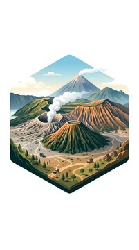 Isometric illustration of an active volcanic landscape with smoking craters and mountains.
