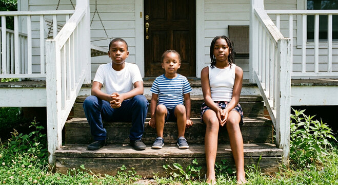 Three African American Siblings Sitting Together on Home Porch Steps