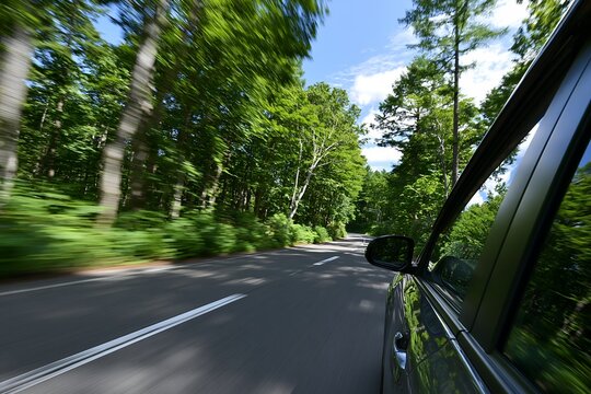 夏晴れの日森林ドライブ疾走する車窓からの美しい風景