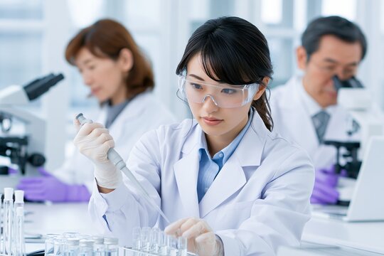 研究施設で未来の医療を目指し真剣に実験を行う科学者