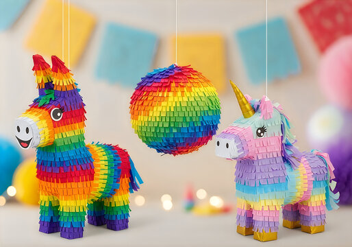 Colorful donkey and unicorn pinatas for a fun birthday party