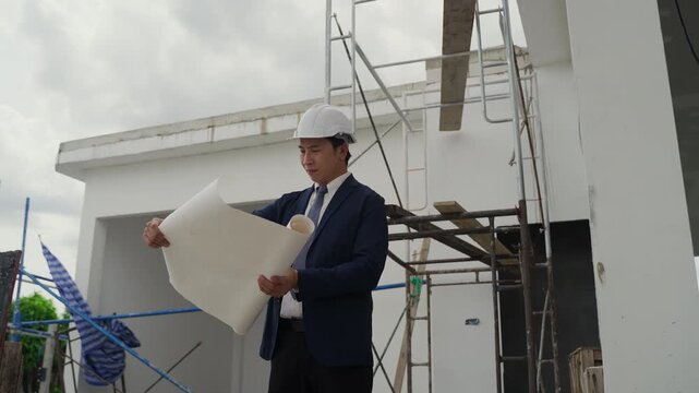 Construction inspector with safety helmet examining blueprint and scaffolding at building site showcasing professional architecture planning and site safety for project development outdoors