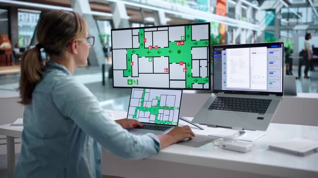 Safety Officer Reviewing Emergency Fire Escape Routes On Laptop