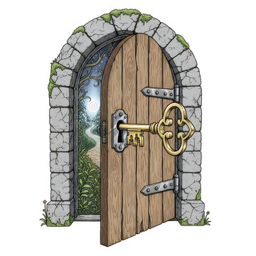 Old wooden door with a large golden key in a stone archway