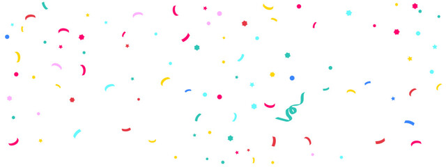 Fototapeta premium White backdrop with colorful confetti scatter. Pink, teal, yellow stars, dots, curved streamers, ribbon pieces in festive falling pattern. Vector Template for birthday, carnival