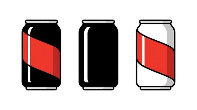 Set of three minimalist beverage can vector icons with bold diagonal red branding elements on white background