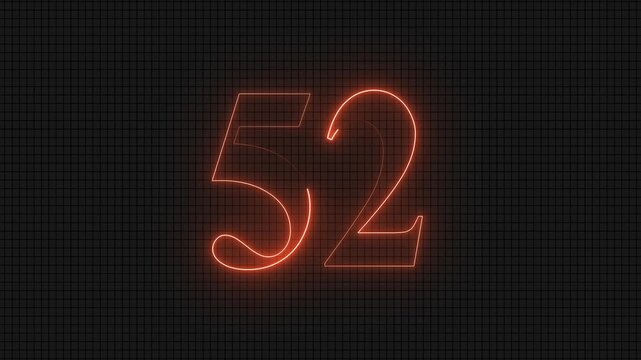 Glowing neon number 52 on dark grid background