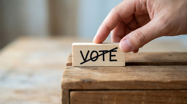 Hand placing wooden block with vote text