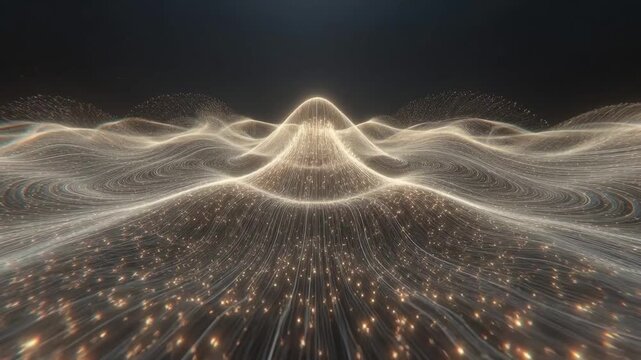 Glowing energy waves forming luminous flow on dark background, concept of motion and modern tech
