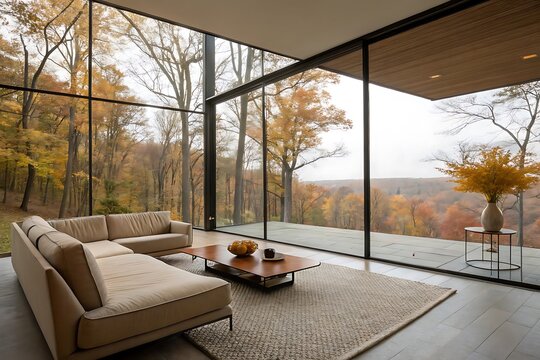 Modern luxury living room interior with panoramic windows overlooking a vibrant autumn forest landscape