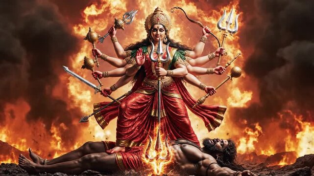 Goddess durga defeating mahishasura in a powerful battle scene