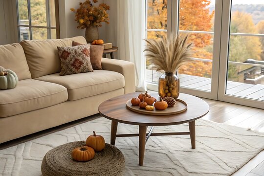 Cozy autumn living room interior with a beige sofa round wooden coffee table and pumpkins