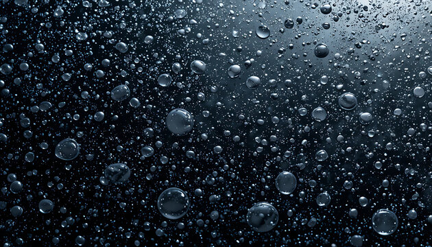 Numerous water droplets of varying sizes suspended against dark background with shimmering reflections creating depth and dimension across transparent surface
