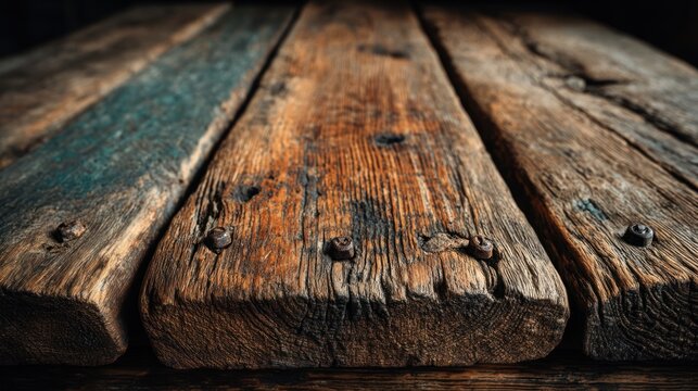 Close-up of weathered wooden planks with bolt heads, displaying a rich textured surface