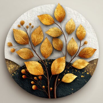 Artistic, circular composition, featuring a golden-leafed tree against a textured background