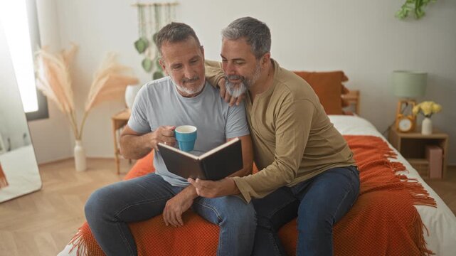 Man sitting on bed reading a book, partner's arm draped over shoulder while he holds a coffee cup in building; tenderness companionship.