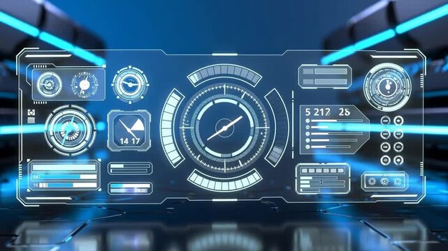 Futuristic HUD with circular gauges and data charts in glowing neon style on dark tech backdrop, concept of advanced interface