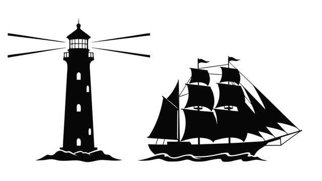 Minimalist Black Silhouette Illustration Featuring a Classic Lighthouse Beacon Guiding a Traditional Tall Ship Sailing Upon the Ocean Waves