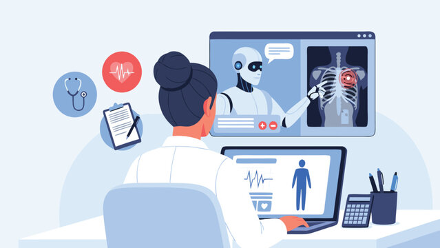 Female Medical Professional Utilizing Artificial Intelligence Software for Advanced Diagnostic Analysis of Patient Chest Radiographs
