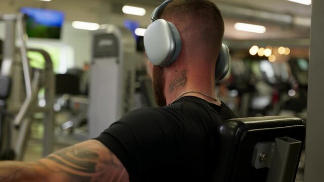 Young man wears headphones while performing seated row exercises on a weight machine in a gym, combining strength training with a focused fitness workout, close-up view