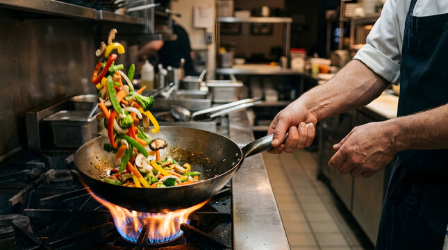 Professional chef sauteing mixed vegetables over a burning open gas flame in a commercial kitchen restaurant environment.
