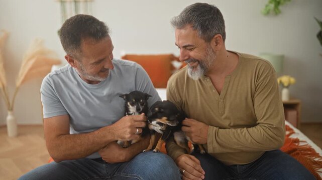 Man holding chihuahua on bed in building, smiling and petting dog with partner nearby; affection comfort companionship.