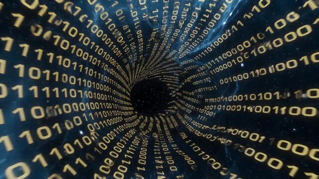 Golden binary digits forming a swirling tunnel in abstract style on dark cosmic background, concept of data flow