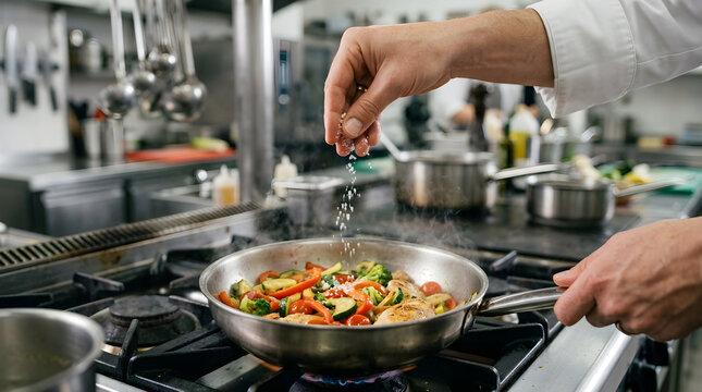 Professional chef sprinkling salt over fresh saut&eacute;ed vegetables in a stainless steel pan inside a busy industrial restaurant kitchen setting.