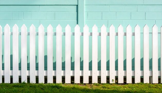 Bright Day Behind White Picket Fence and Turquoise Wall