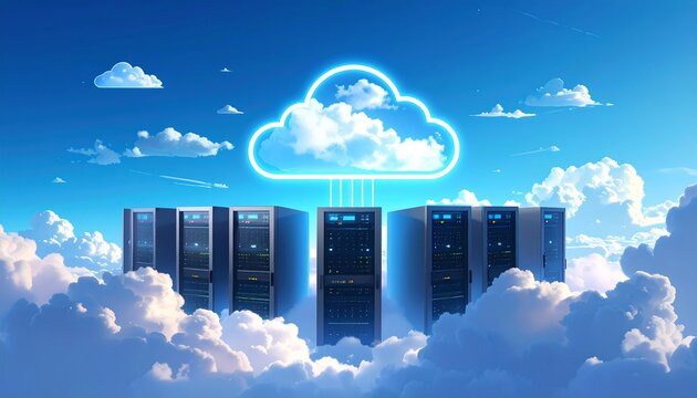 Floating Cloud Servers Above Bright Sky