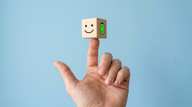 Finger balancing a wooden smiley cube