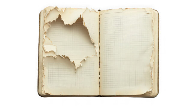 Open vintage notebook with torn grid paper pages with open antique on transparent background