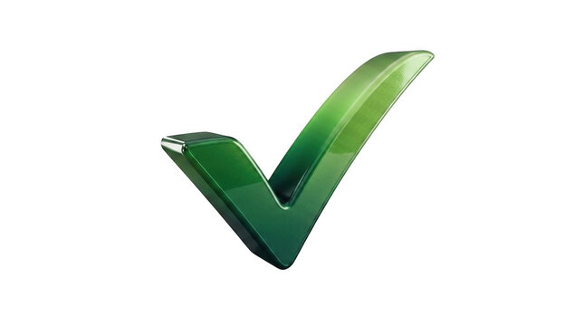 Shiny green 3d check mark symbol representing success and approval isolated on transparent background