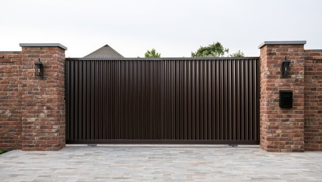 Modern sliding driveway gate with brick pillars and stone pavement.