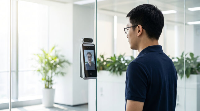 Biometric face scanner identity office access control uses facial recognition for security. Futuristic digital facial recognition system. identification verification id access, security protection