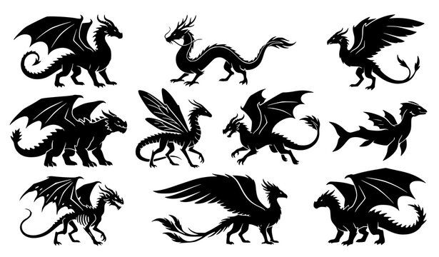 Mythical dragon profile silhouettes collection with winged fantasy creatures vector set